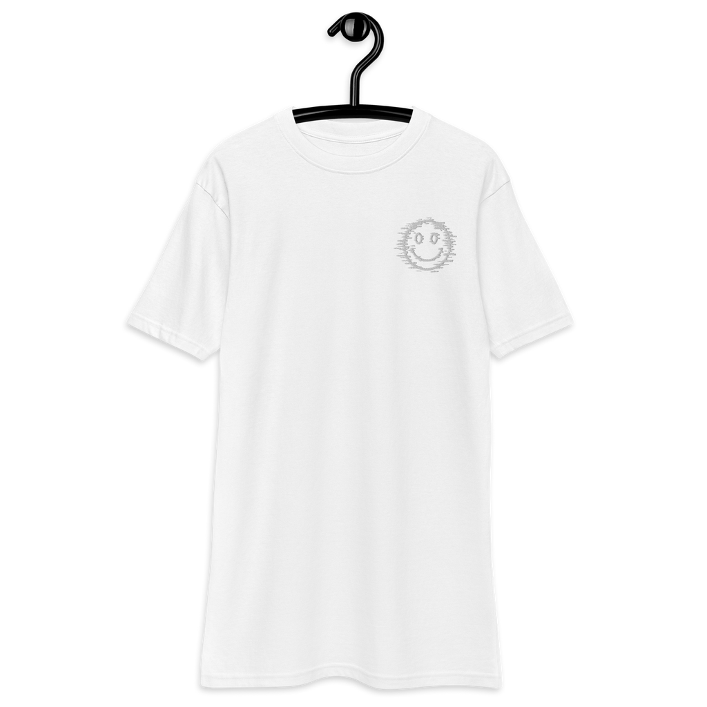 Front view — Mr Happy embroidery on white premium heavyweight tee